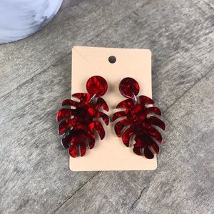Red Palm Leaf Acrylic Dangle Statement Earrings